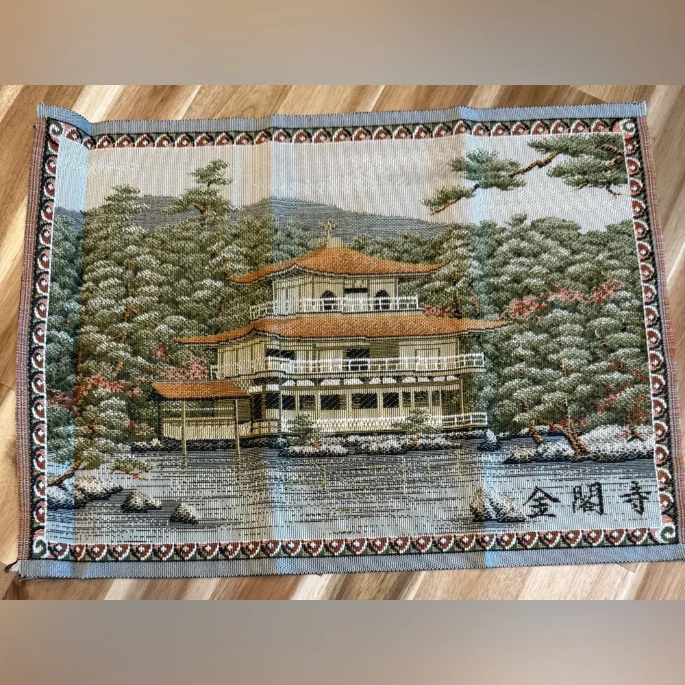 Vintage Japanese Gobelin Woven Tapestry Fabric Kyoto Kinkakuji Temple 16x12”